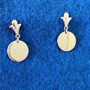 Vintage Silver Mirror Circle Disk Dainty Drop Dangle Earrings for Pierced Ears